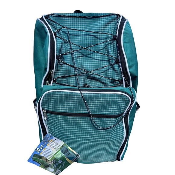 Picnic Essentials 30pc Essential Travel Backpack Plates Green Insulated Cooler - Picture 2 of 11